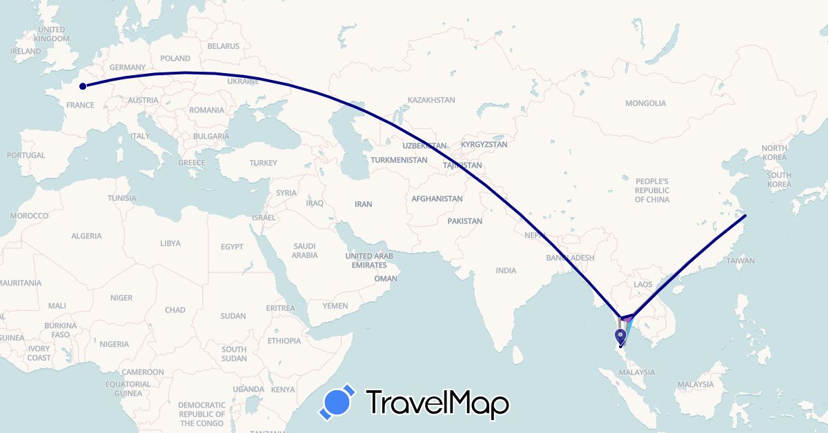 TravelMap itinerary: driving, plane, train, boat in China, France, Thailand (Asia, Europe)